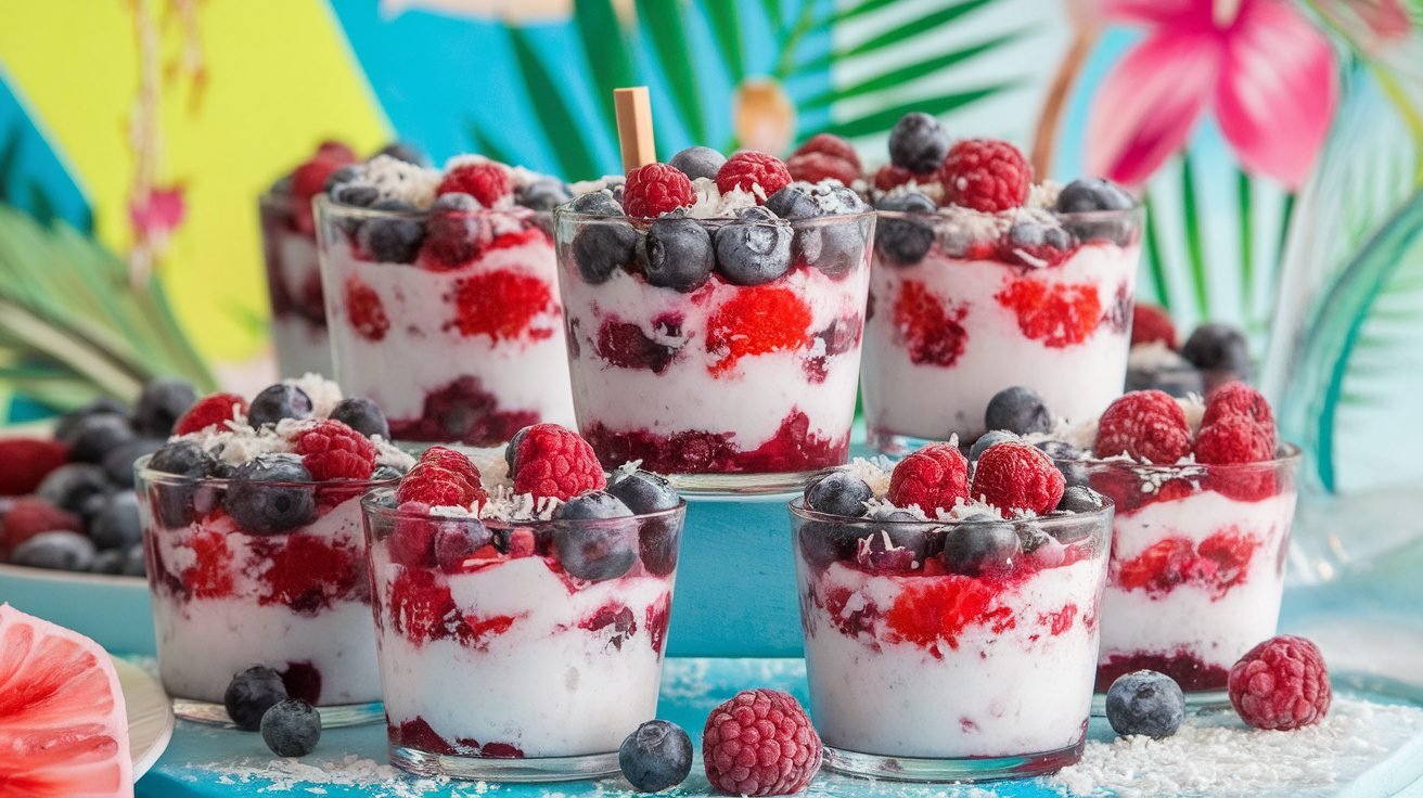 Frozen Berry Coconut Cups with layers of coconut cream and mixed berries, garnished with shredded coconut.