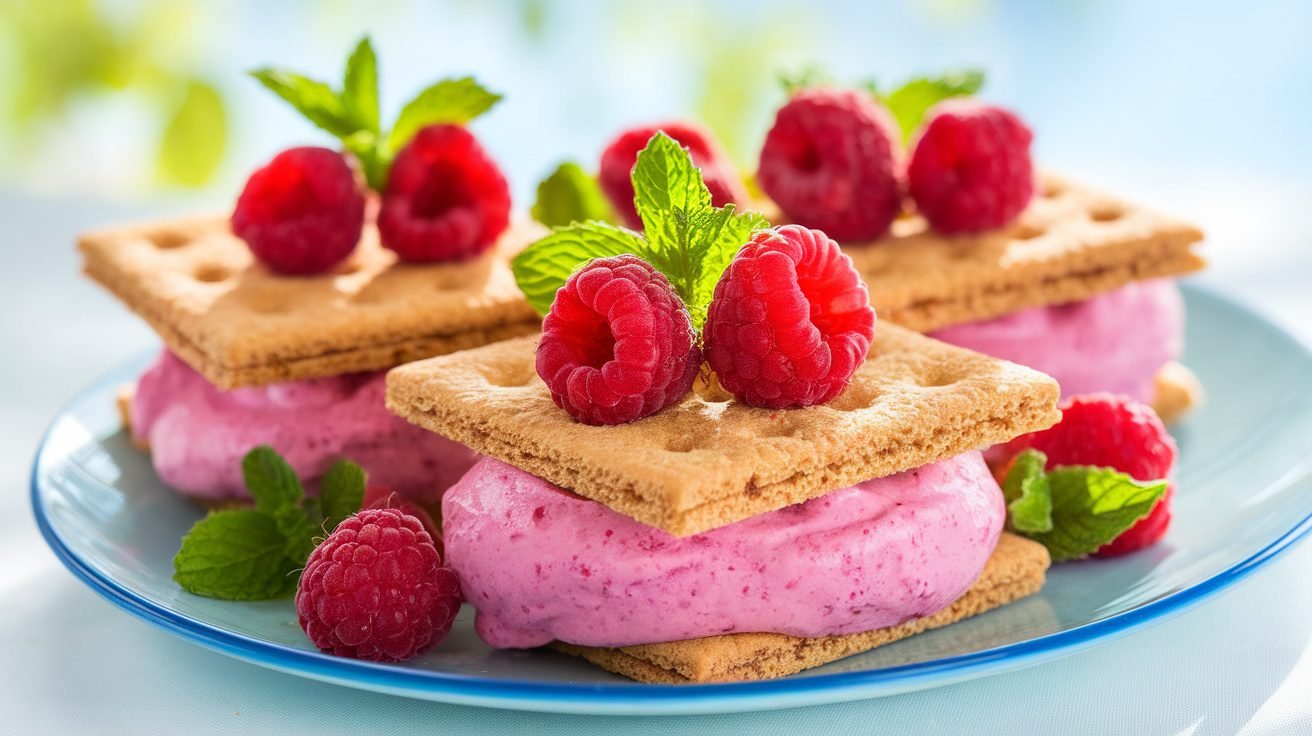 Frozen raspberry yogurt sandwiches on a plate, garnished with raspberries and mint.