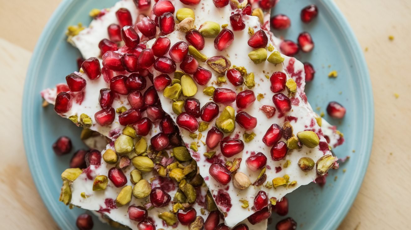 Colorful Greek yogurt bark topped with pistachios and pomegranate seeds on a wooden table.