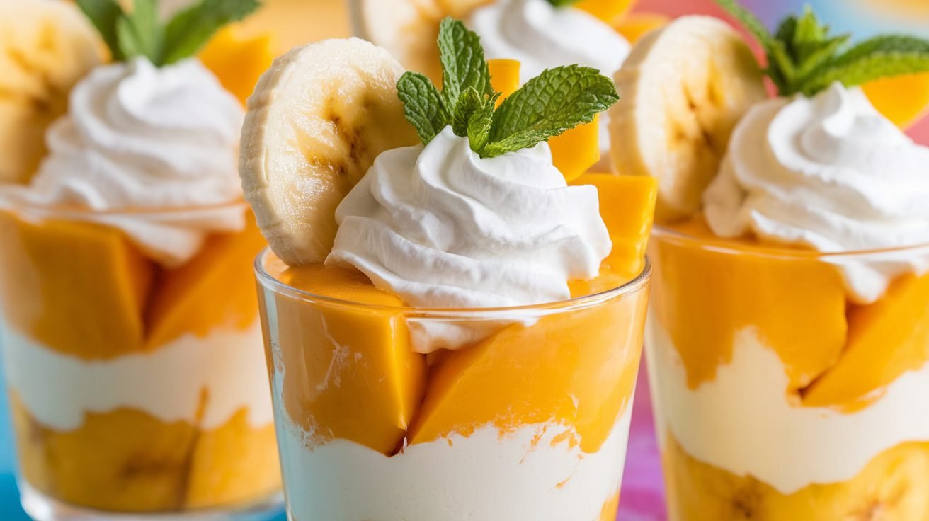 Mango Banana Cream Cups with layers of fruit puree and whipped cream, garnished with mint and fruit slices.