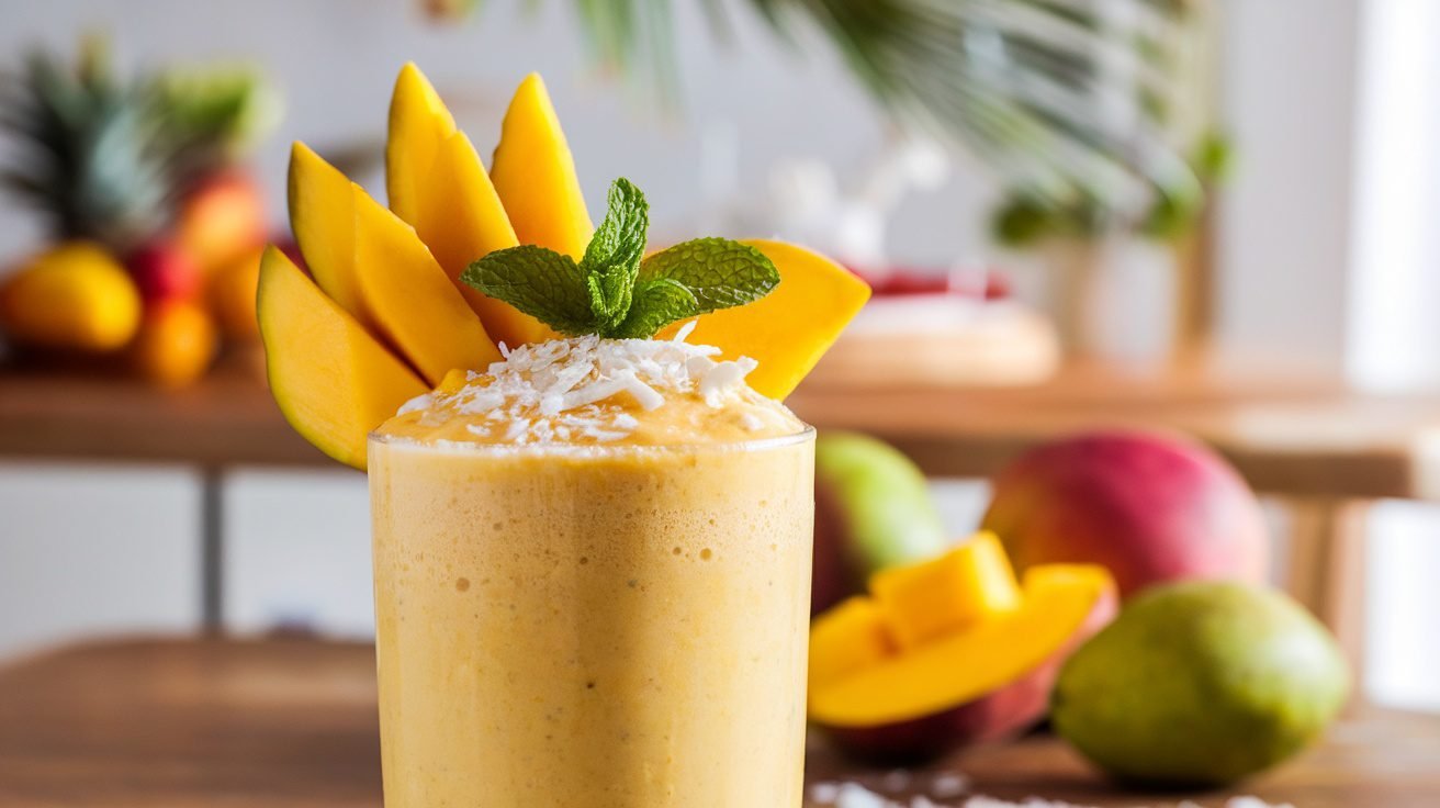 Mango Coconut Protein Smoothie Cup topped with coconut and mango slices, garnished with mint.