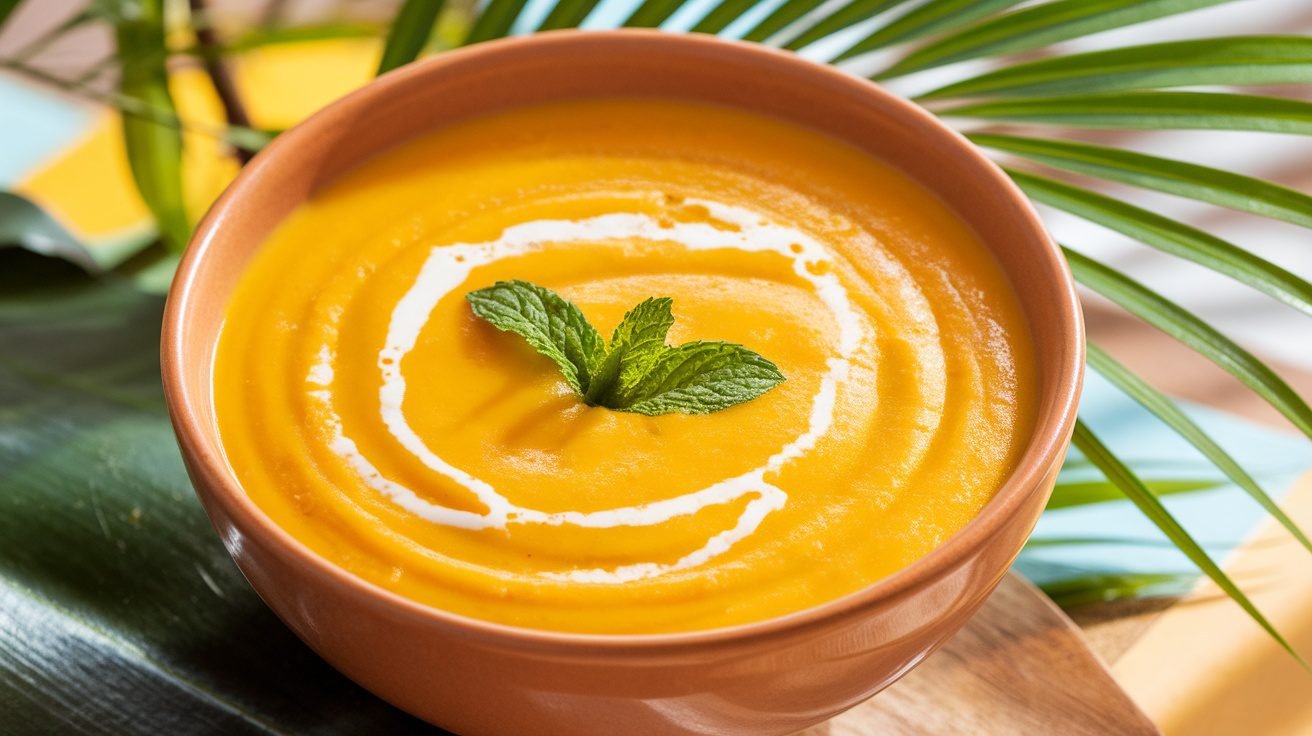 Chilled mango coconut soup in a bowl, garnished with mint leaves, set against a tropical background.