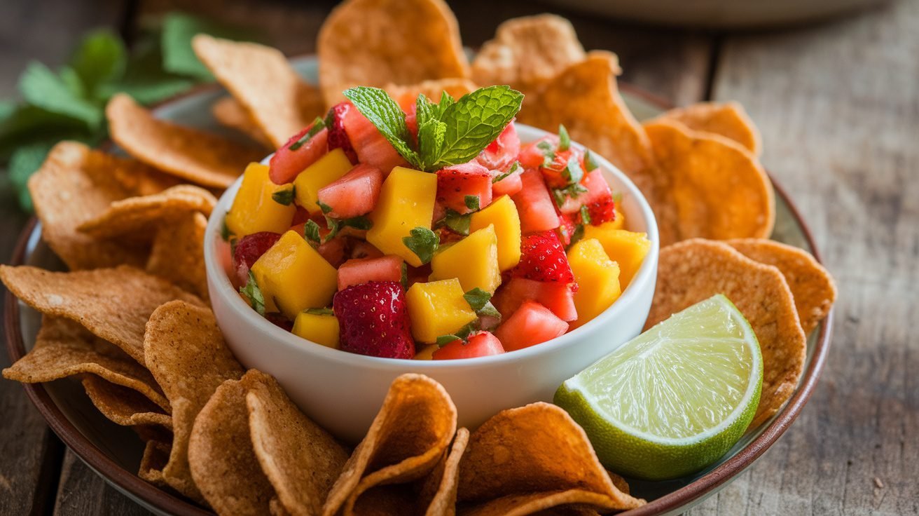 A bowl of mango strawberry salsa with cinnamon chips on a wooden table.
