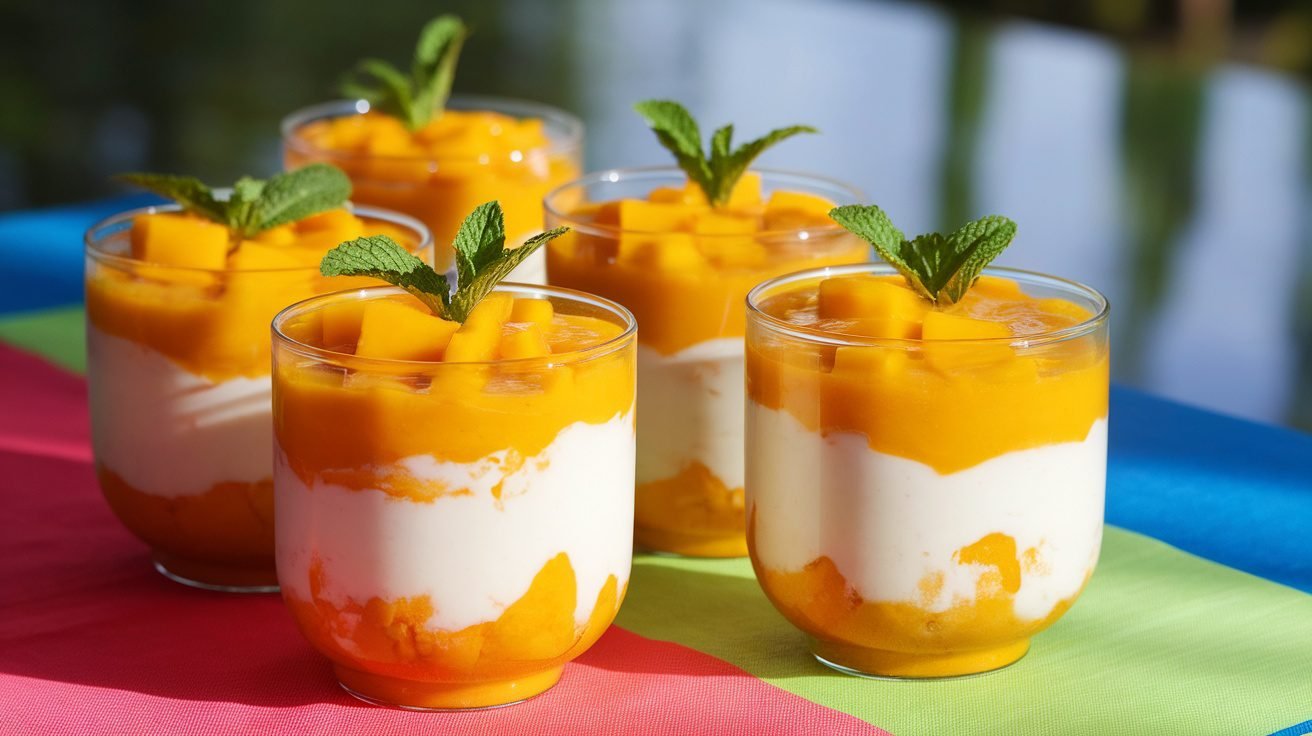 Mango yogurt swirl cups with layers of yogurt and mango puree, garnished with mint leaves on a colorful table.