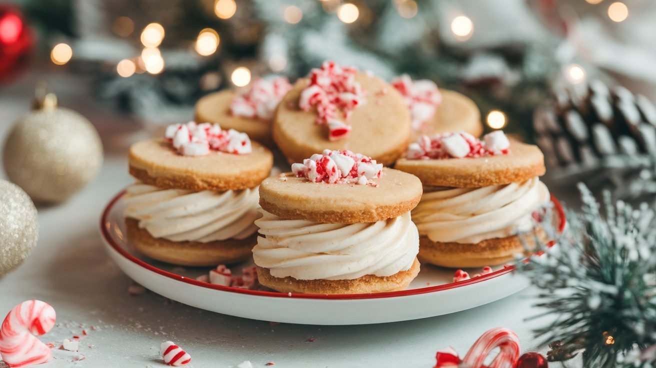 Mini Peppermint Nice Cream Sandwiches with peppermint filling and crushed candies on a festive plate.