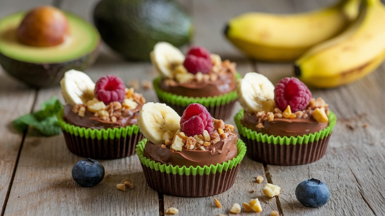 Avocado banana fudge cups topped with nuts and berries on a wooden table.