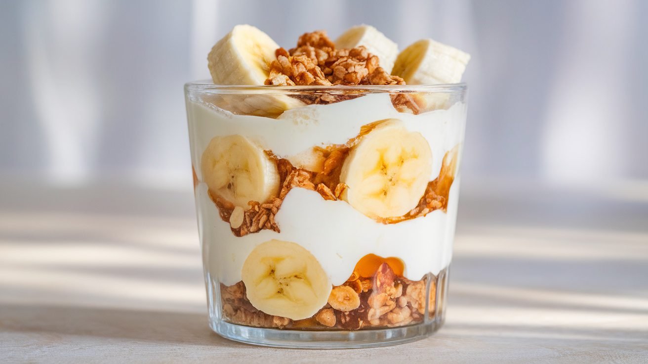 Greek yogurt banana pudding layered with banana slices and topped with granola in a glass cup.