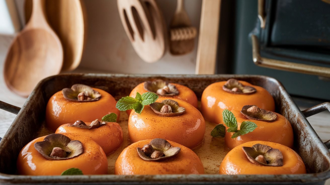 Honey-baked persimmons drizzled with honey and sprinkled with cinnamon, garnished with nuts and mint.