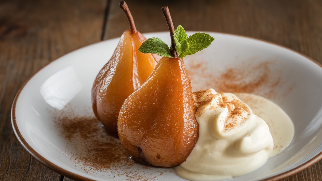 Roasted pears with vanilla cream, garnished with cinnamon and mint, on a rustic wooden table.