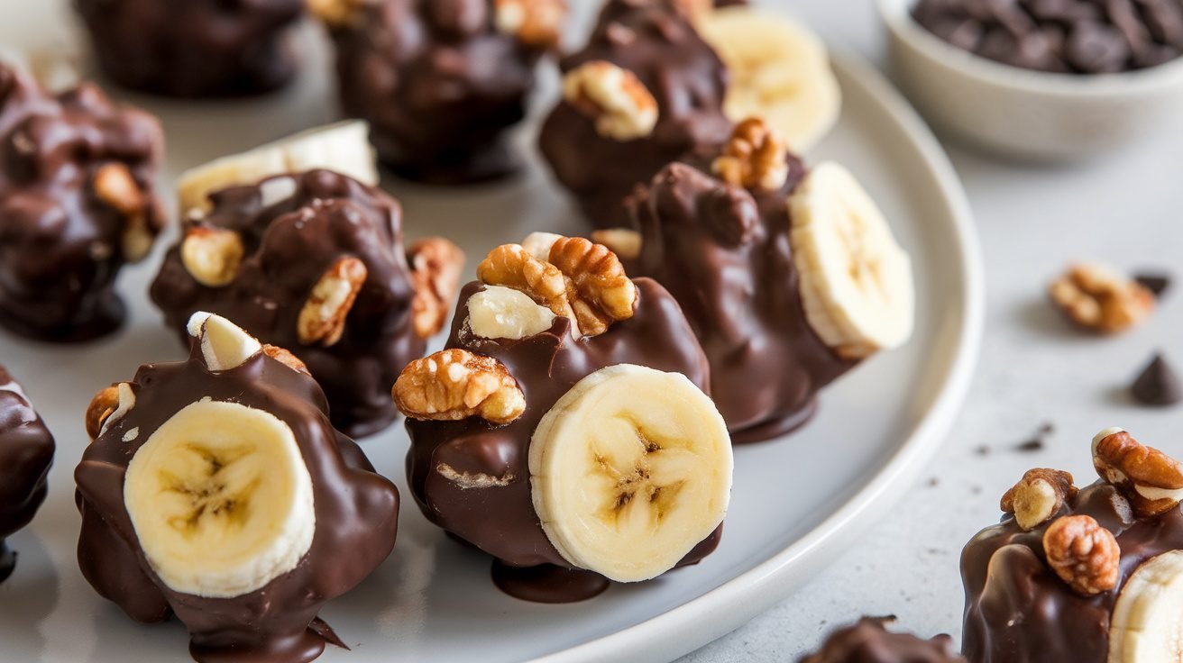 Dark chocolate banana nut clusters on a wooden table, featuring bananas and nuts, with chocolate chips in the background.