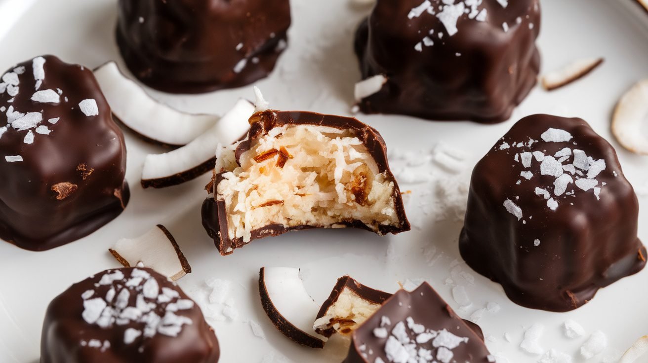 Dark chocolate coconut clusters on a wooden platter, showcasing their rich chocolate coating and coconut texture.