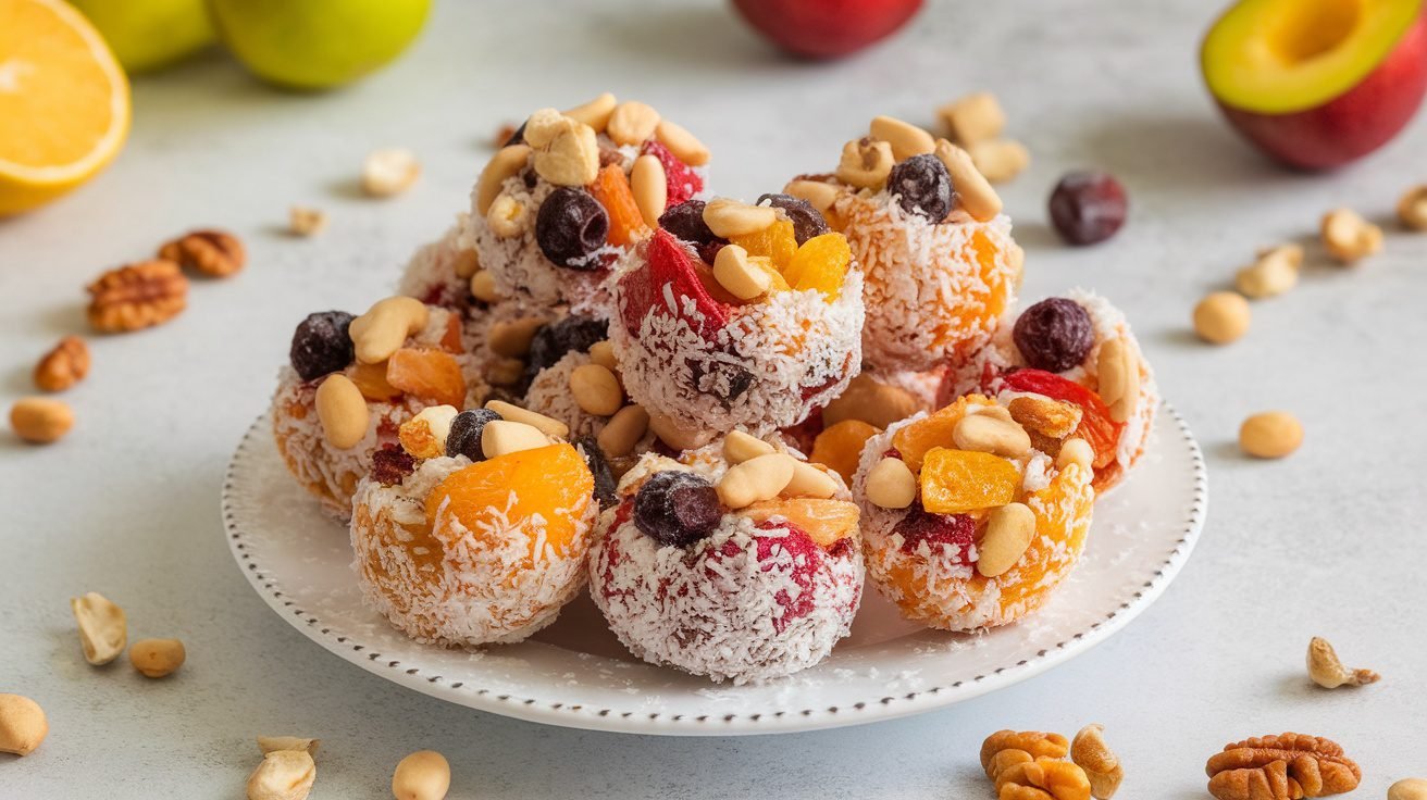 Frozen fruit and nut bites coated in coconut on a wooden platter, surrounded by fresh fruits and nuts.