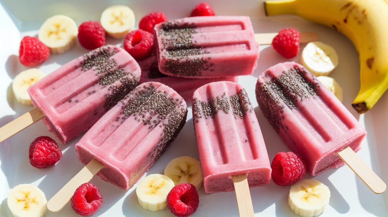 Colorful raspberry banana chia popsicles on a wooden table with fresh raspberries and banana slices.
