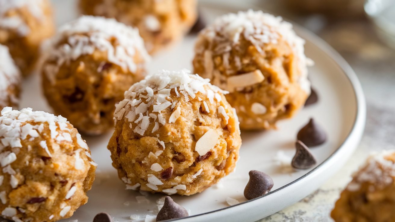 Almond-coconut cookie dough balls on a wooden platter with shredded coconut and chocolate chips.