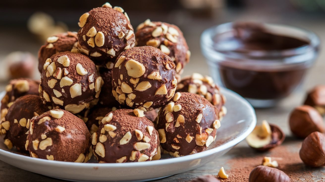 Chocolate hazelnut energy balls on a wooden board, garnished with hazelnuts and cocoa powder.