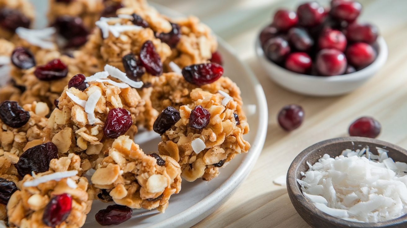 Cranberry coconut energy clusters on a wooden board with cranberries and coconut in the background.