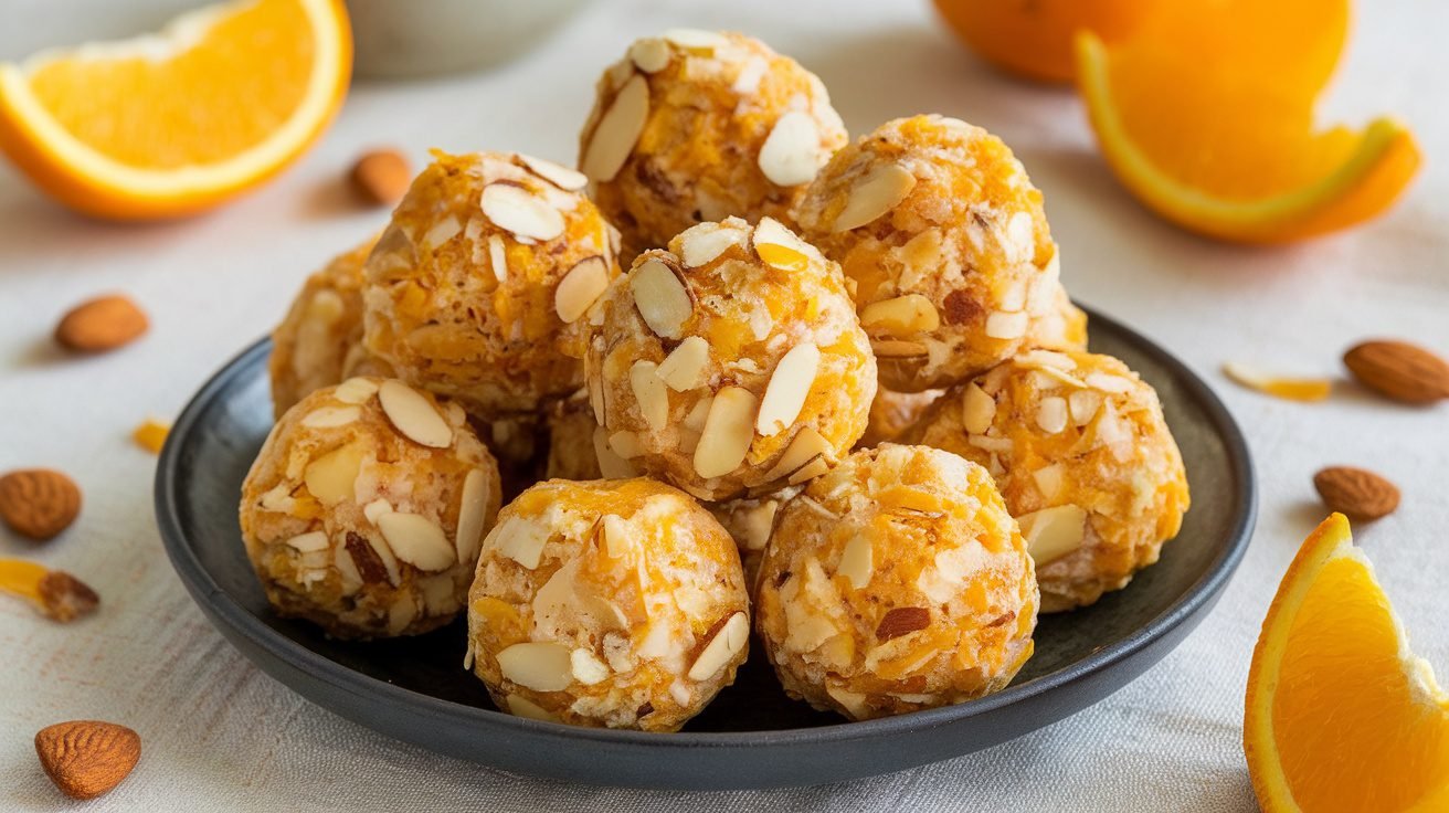 A plate of orange almond energy balls with almonds and orange slices, set on a rustic table.