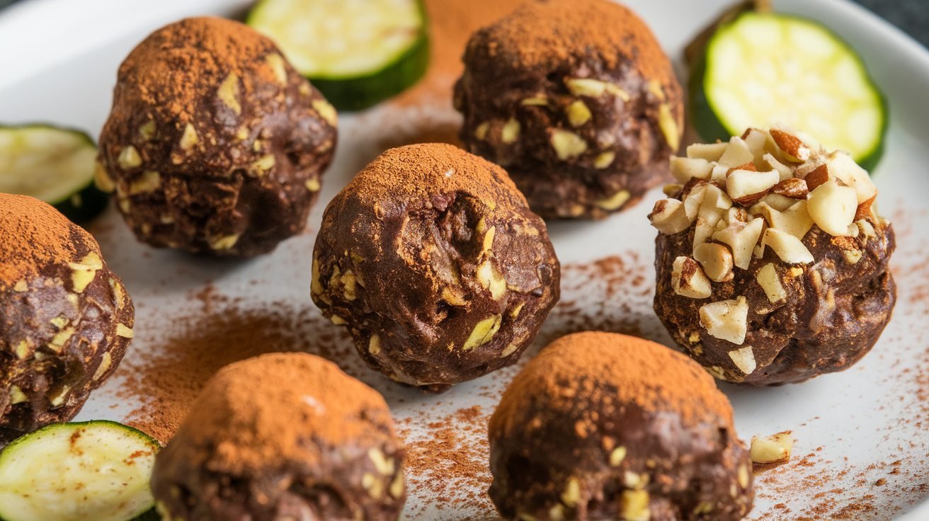 Chocolate zucchini energy balls on a wooden board, with cocoa powder and zucchini slices.