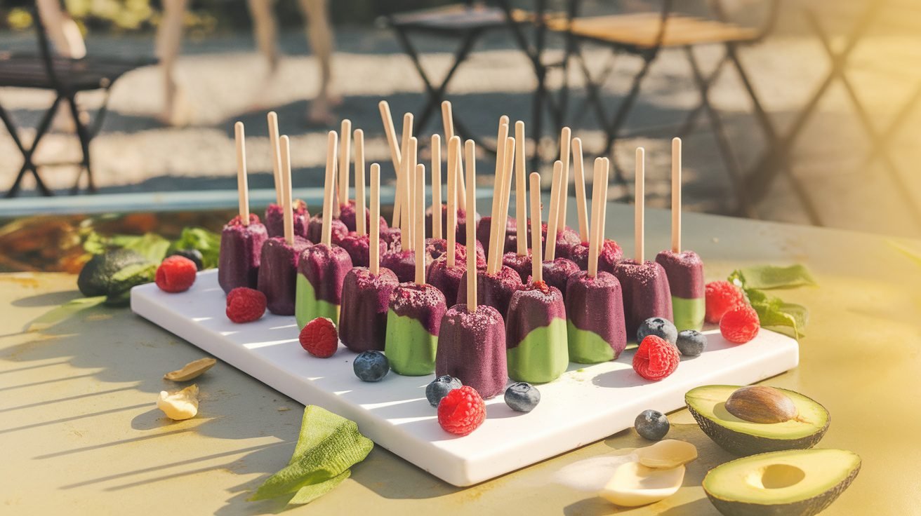 Colorful berry avocado smoothie pops on a wooden board with fresh berries.