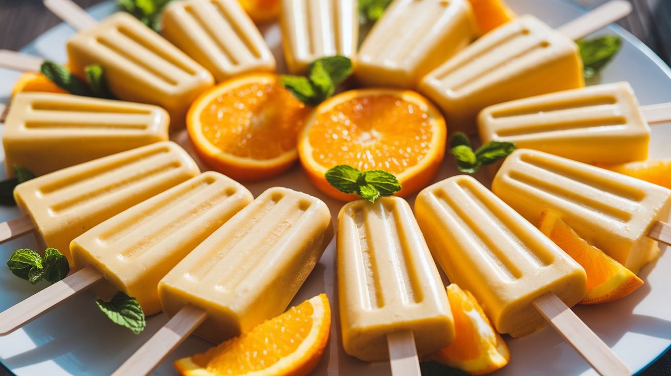 Colorful creamy orange protein pops on a wooden table with fresh oranges and mint.