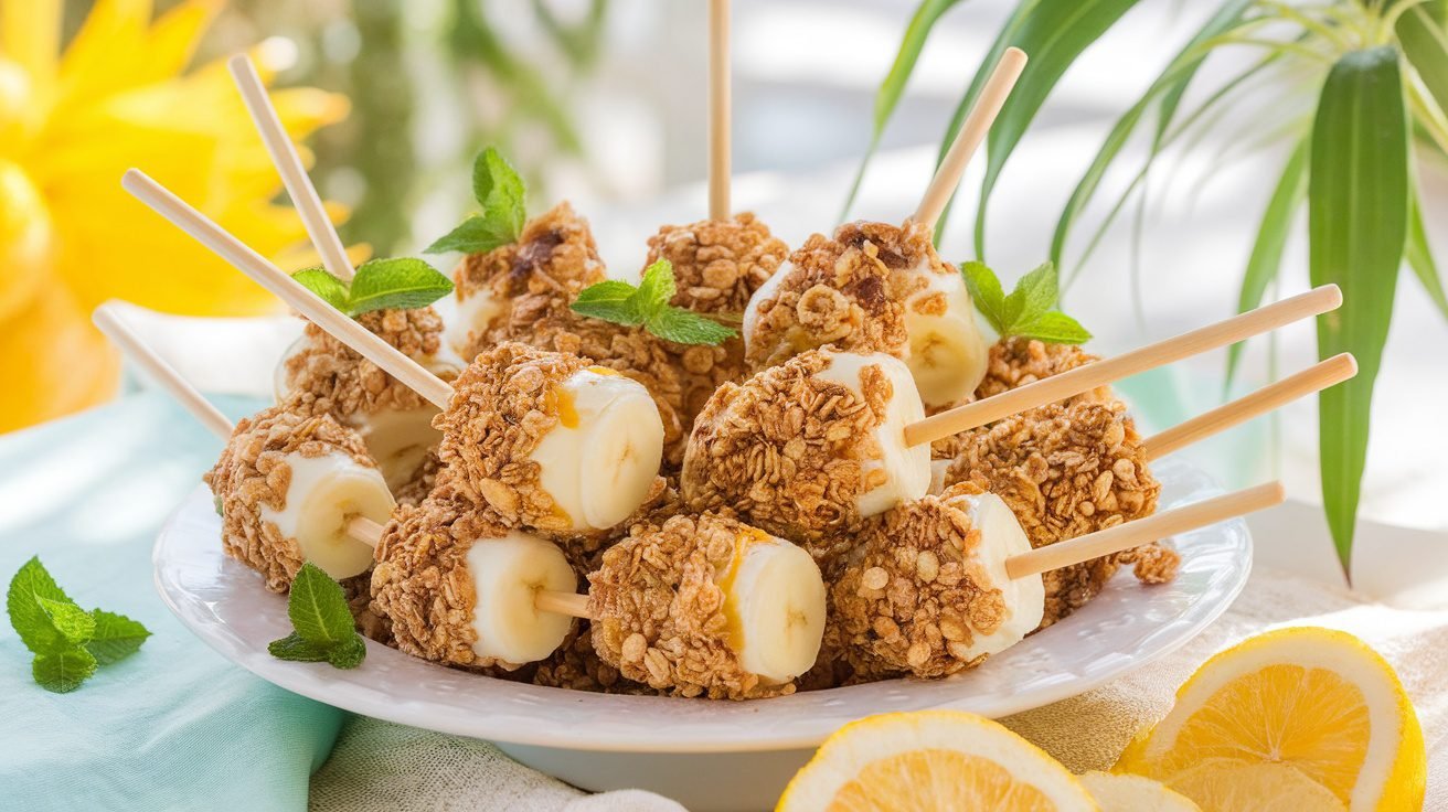 Yogurt-dipped banana pops coated in granola on a wooden platter, garnished with mint and honey.