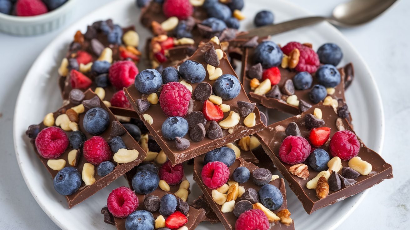 Chocolate protein yogurt bark topped with berries and nuts on a wooden table.