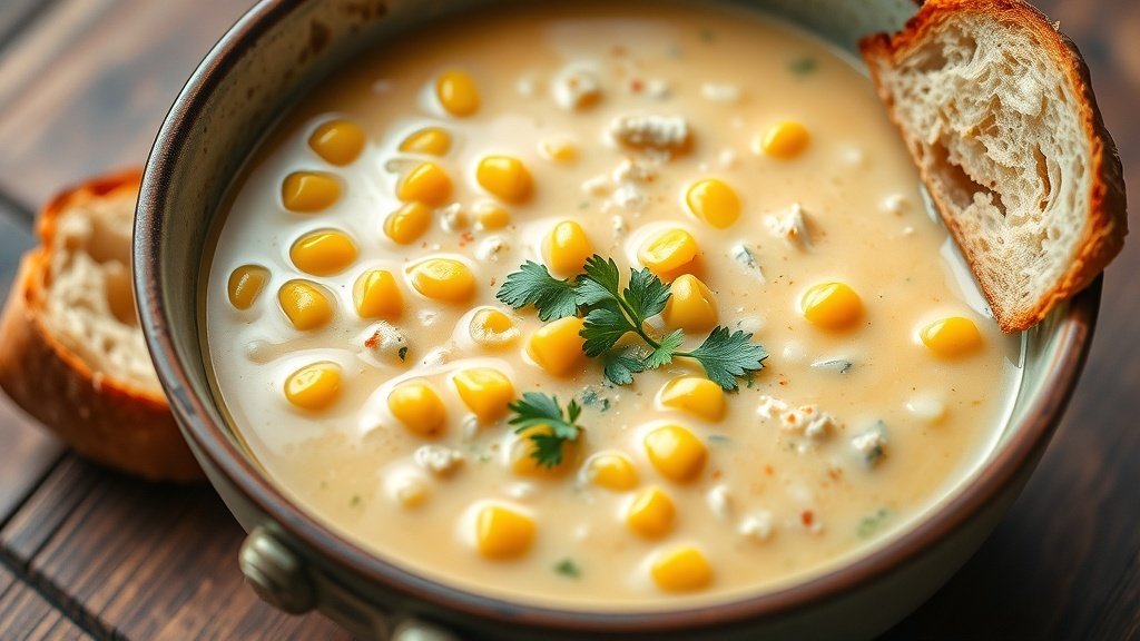 A bowl of creamy corn and jalapeño chowder garnished with cilantro, accompanied by crusty bread on a wooden table.