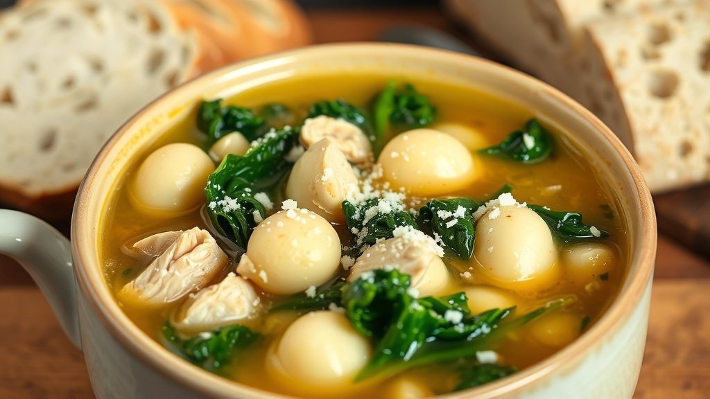A hearty bowl of chicken and kale gnocchi soup with Parmesan cheese, served with crusty bread.