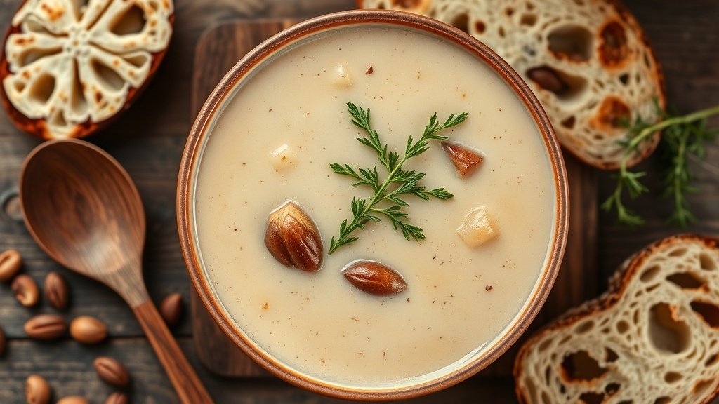 A bowl of creamy parsnip and chestnut soup garnished with herbs, served with crusty bread.