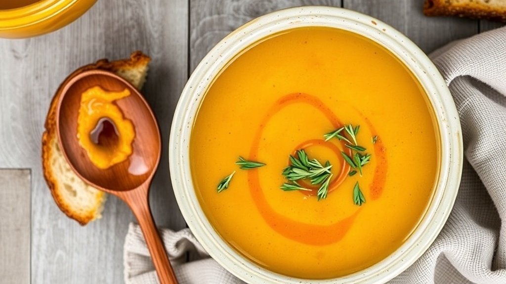 A bowl of creamy acorn squash and apple soup garnished with herbs and maple syrup, with bread on a rustic table.