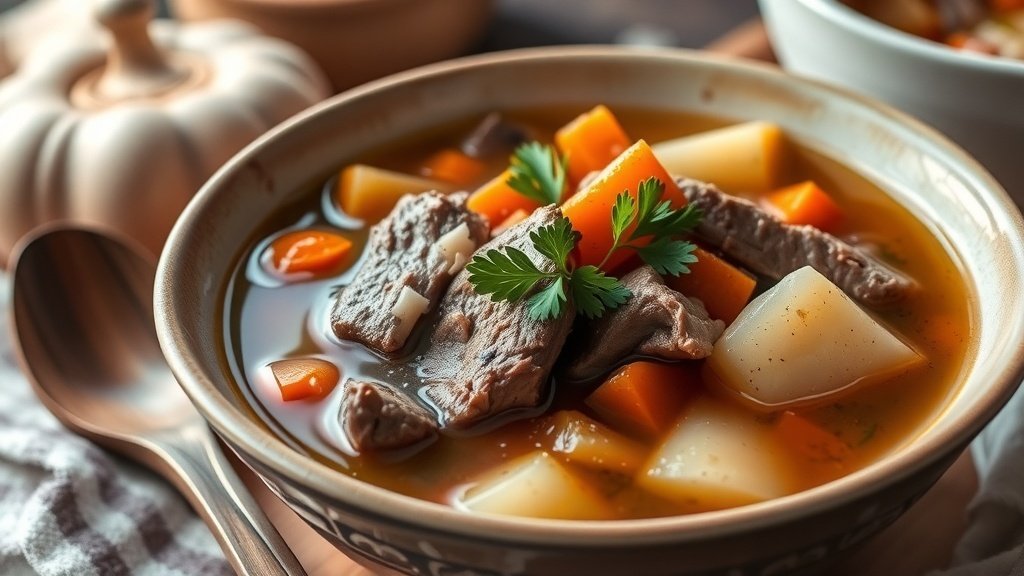 A rustic bowl of venison and root vegetable soup with carrots, potatoes, and parsnips, garnished with parsley.