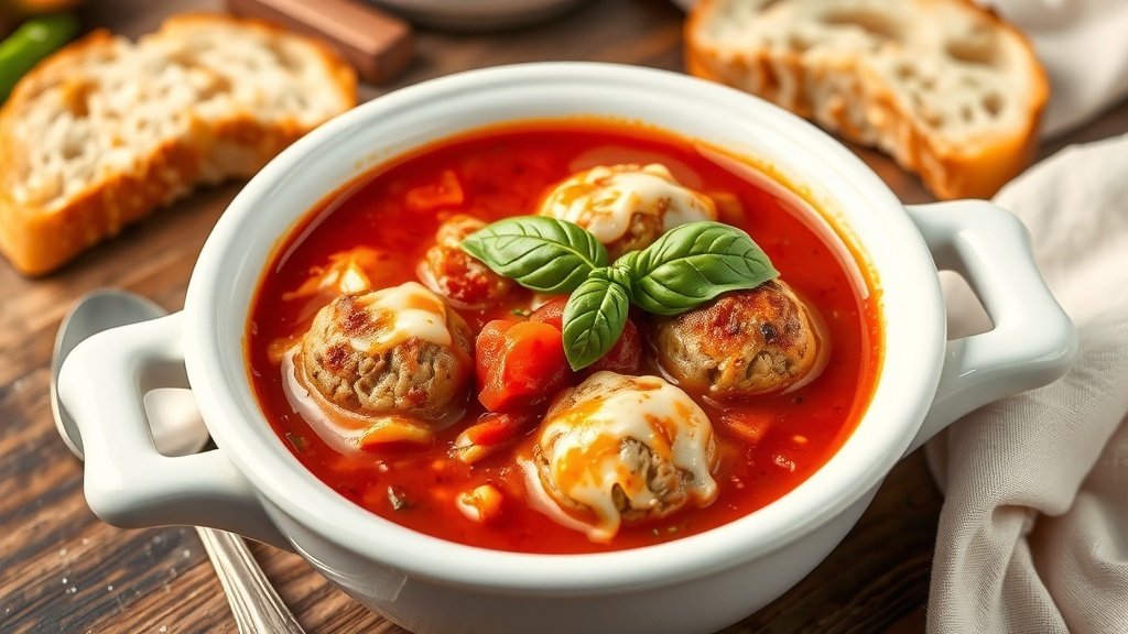 A bowl of chicken parmesan meatball soup with meatballs, tomato broth, mozzarella cheese, and basil on a rustic table with bread.