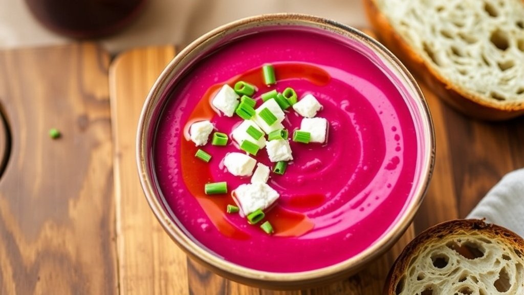 A bowl of roasted beet and goat cheese soup garnished with goat cheese and chives, served with crusty bread.