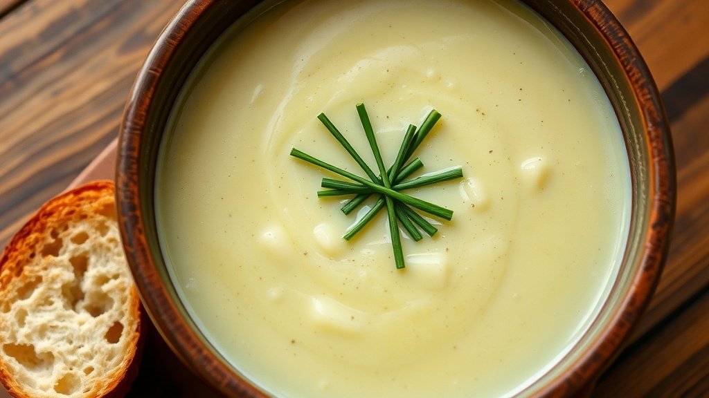 A bowl of creamy leek, potato, and Gruyère soup garnished with chives, served with crusty bread.
