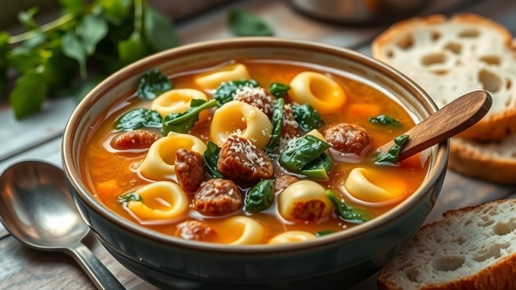 A bowl of Spicy Sausage and Spinach Tortellini Soup with tortellini, sausage, and spinach, garnished with Parmesan cheese, on a rustic table.