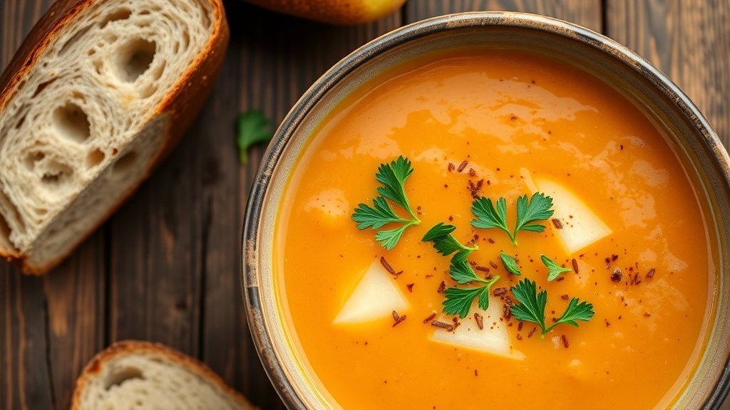 A bowl of creamy butternut squash and pear soup garnished with parsley, accompanied by crusty bread on a rustic table.