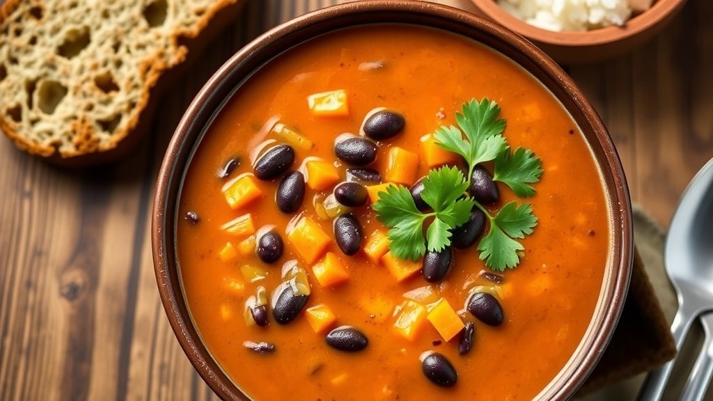A bowl of Smoky Sweet Potato and Black Bean Soup garnished with cilantro, on a rustic table with bread.