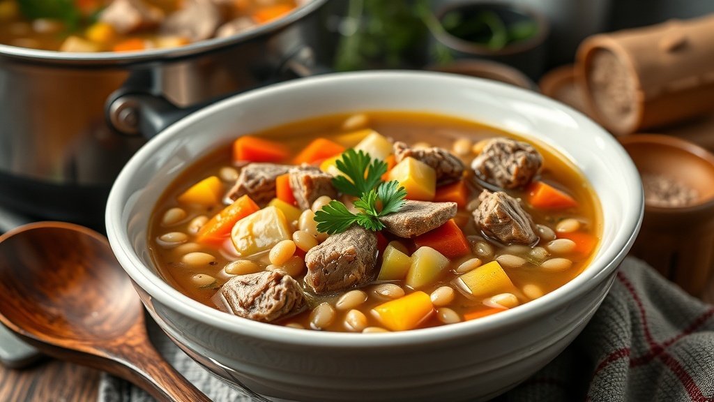 A bowl of elk and barley soup with vegetables, garnished with parsley, in a cozy kitchen setting.