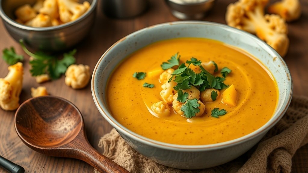A bowl of roasted cauliflower and curry soup garnished with cilantro, set in a cozy kitchen.