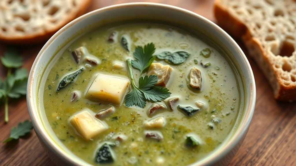 A bowl of creamy spinach and artichoke soup with Parmesan, garnished with parsley, on a rustic table with bread.