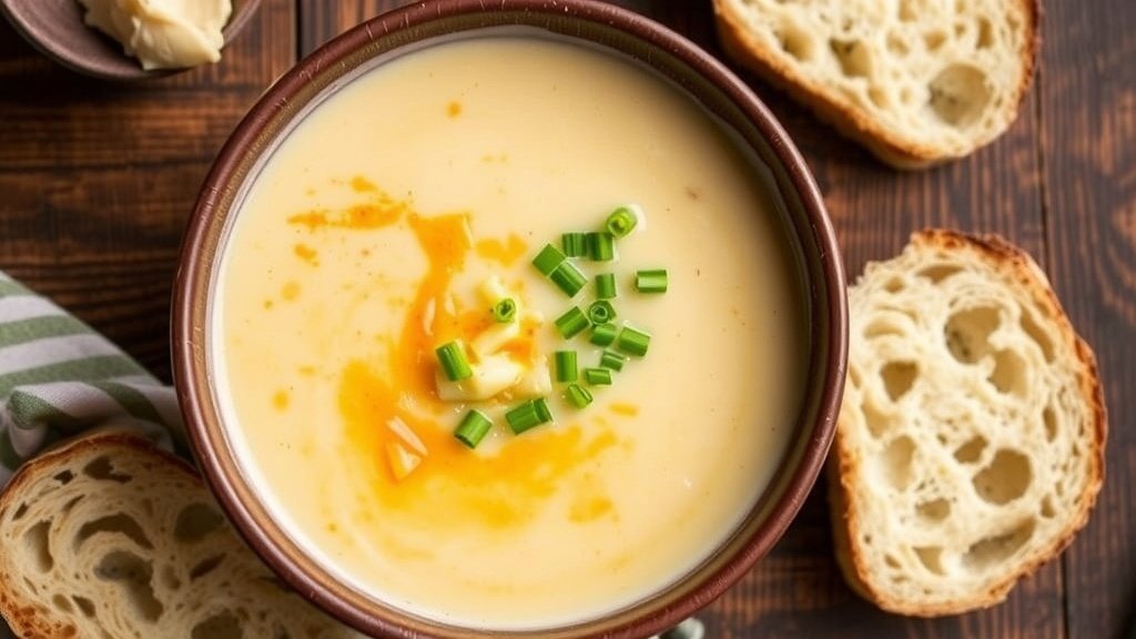 A bowl of creamy Roasted Garlic and White Cheddar Potato Soup garnished with chives, alongside a slice of crusty bread on a rustic table.