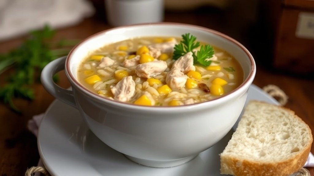 Rustic Chicken, Corn, and Wild Rice Soup Recipe A bowl of chicken, corn, and wild rice soup garnished with parsley, served with crusty bread.