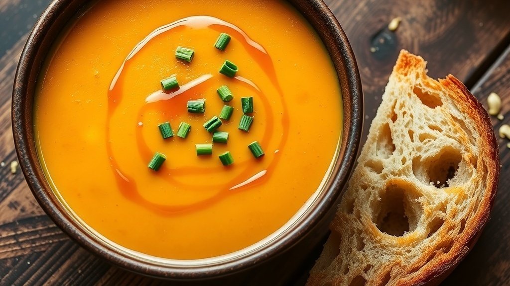 Creamy acorn squash soup with maple syrup and chives in a rustic bowl on a wooden table with bread.