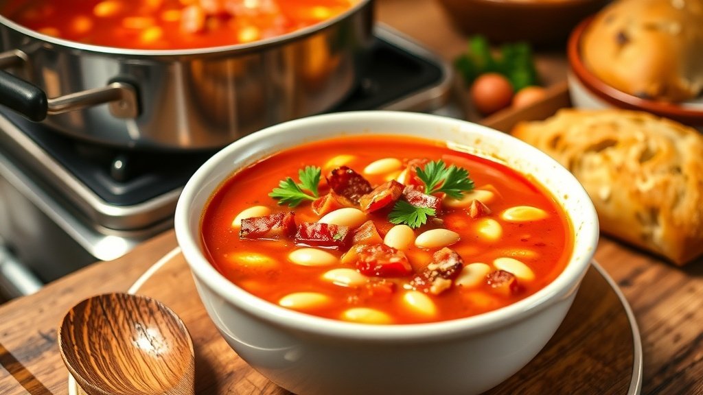 A bowl of Smoky Tomato, Bacon, and White Bean Soup garnished with parsley, with a rustic kitchen backdrop.