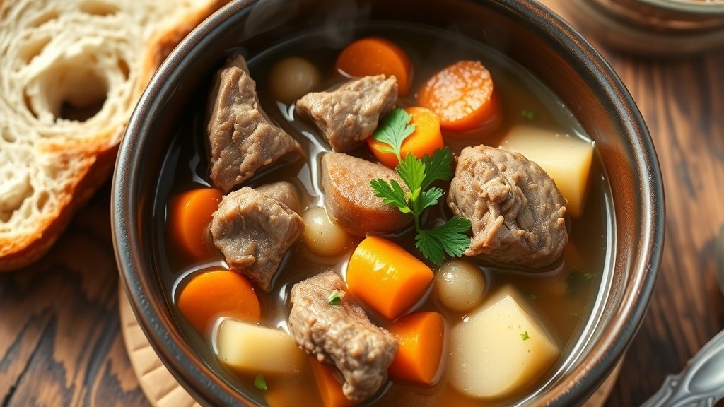 A hearty bowl of pork and root vegetable stew with carrots and potatoes, garnished with parsley, on a rustic table with bread.