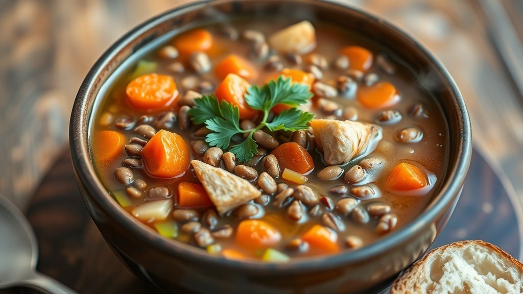 A bowl of turkey and lentil soup with vegetables, garnished with parsley, on a wooden table with bread.