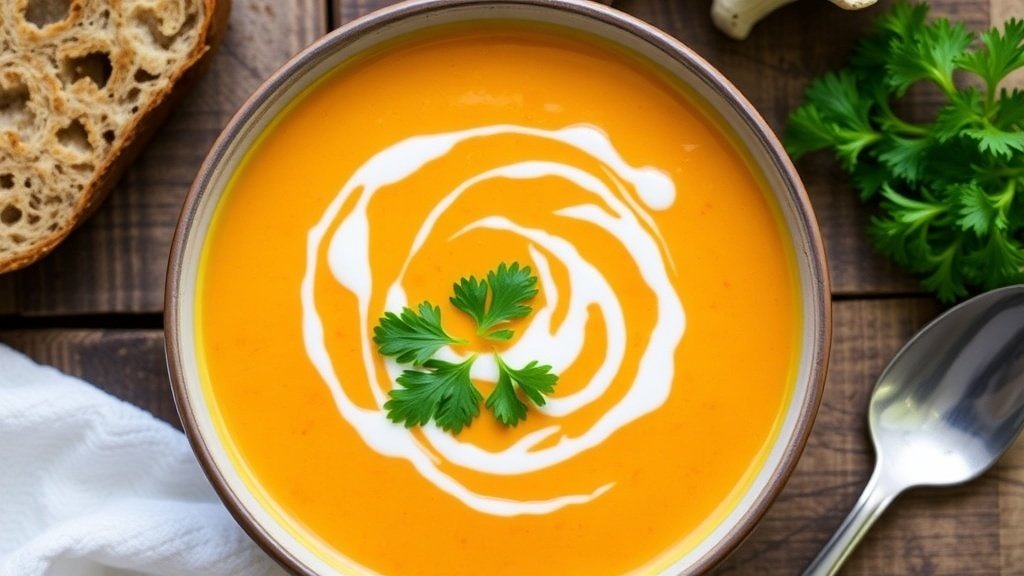 A creamy orange soup made from carrots and parsnips, garnished with parsley, served with bread on a wooden table.
