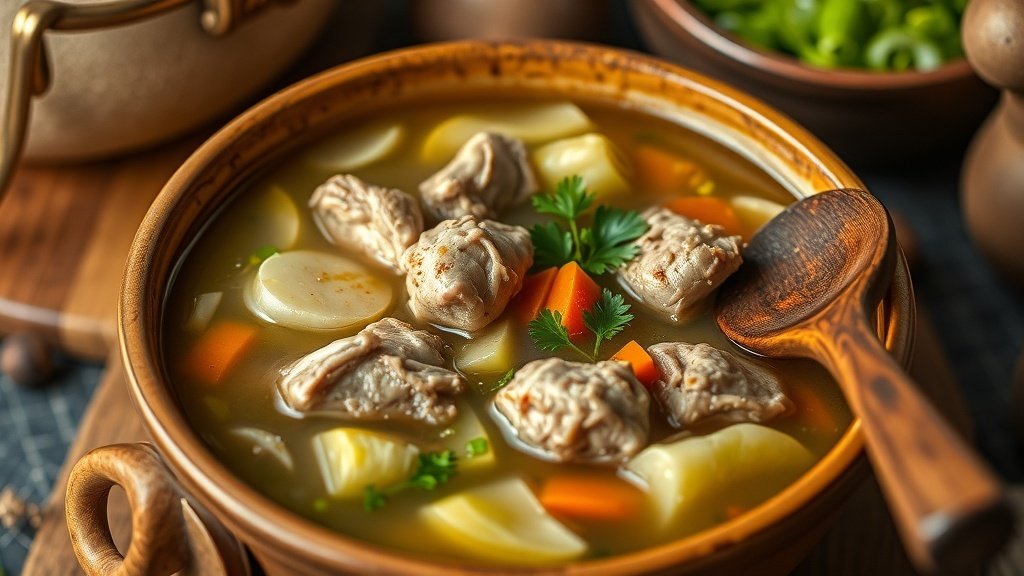 A hearty bowl of rustic duck and cabbage soup with duck pieces, cabbage, and carrots, garnished with parsley.