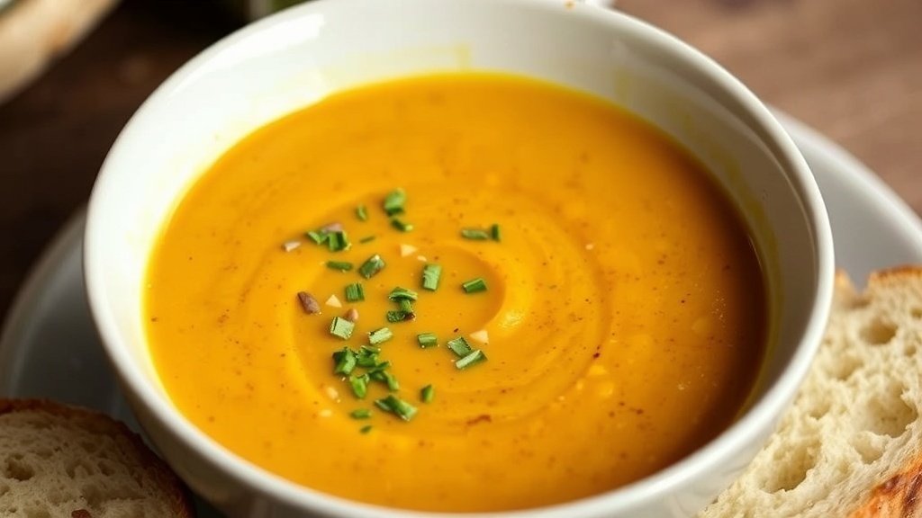 A bowl of creamy butternut squash bisque garnished with herbs, served with crusty bread on a rustic table.