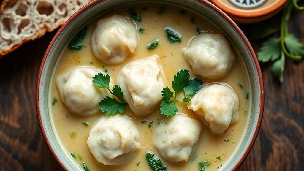 A bowl of creamy spinach and ricotta dumpling soup with dumplings and spinach, garnished with parsley, on a rustic table with bread.